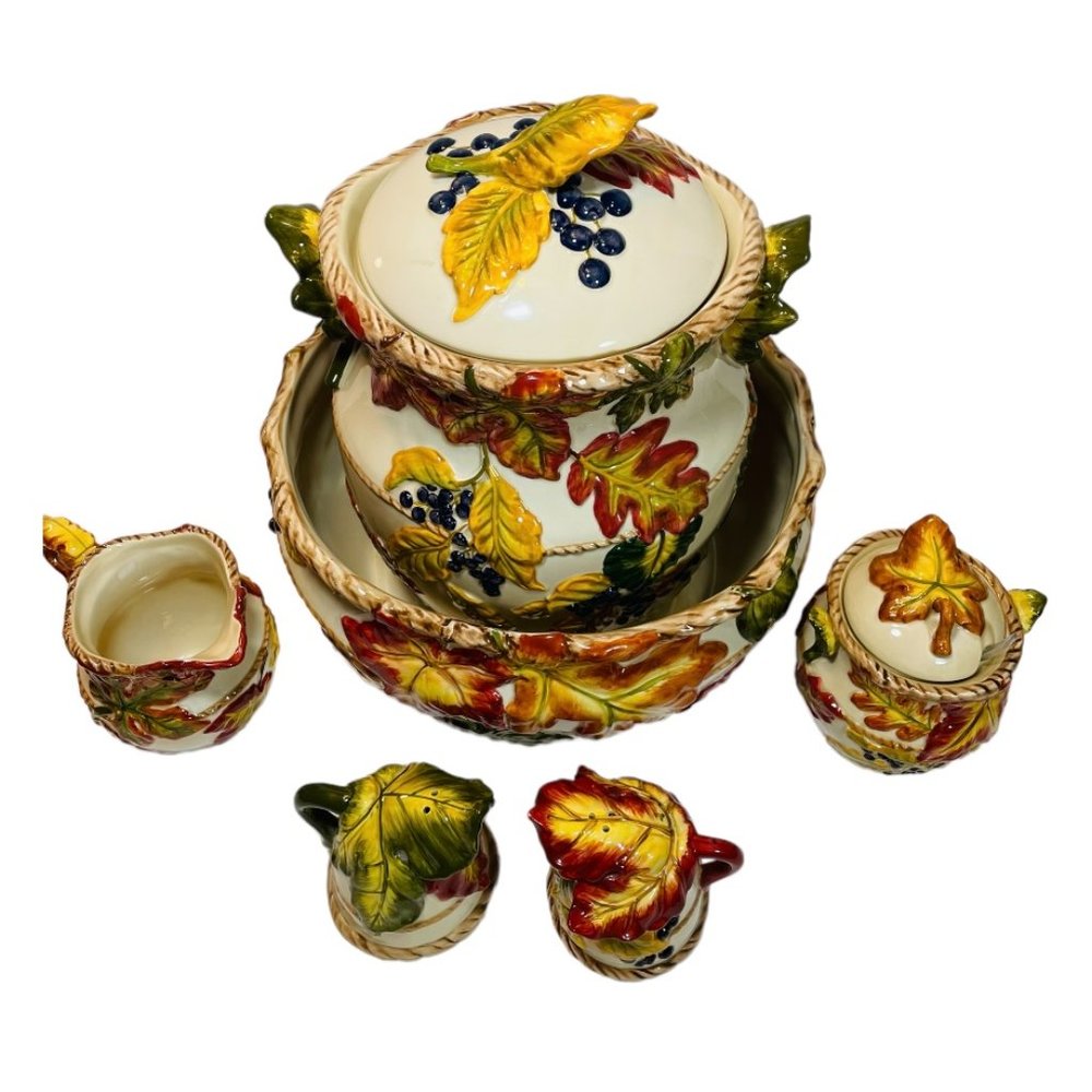Vintage Bico fall leaves hand painted ceramic set.